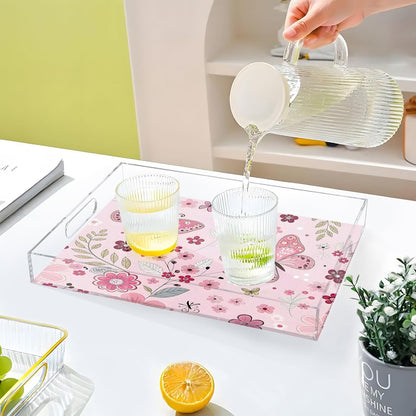 Butterfly and Flowers Pink Serving Tray 12" x 16" Acrylic Trays with Handles Decorative Serving Platter for Coffee, Breakfast in Bed, Dinner, Appetizers, Patio, Party