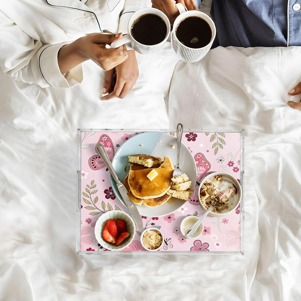 Butterfly and Flowers Pink Serving Tray 12" x 16" Acrylic Trays with Handles Decorative Serving Platter for Coffee, Breakfast in Bed, Dinner, Appetizers, Patio, Party