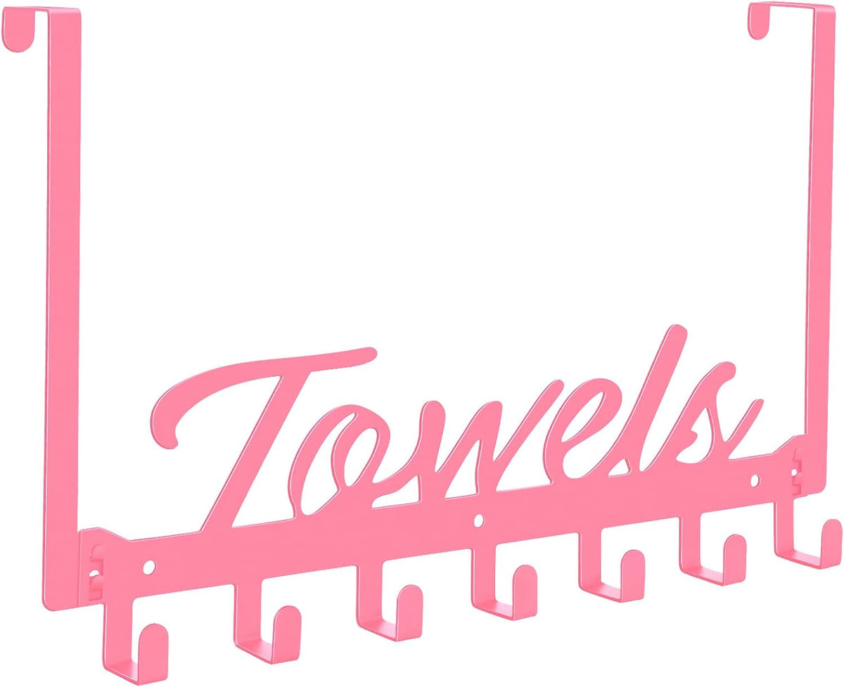 Over The Door Hooks, Towel Rack for Bathroom Towel Holder for Hanging Heavy Duty, Over Door Hanger with 7 Coat Hooks for Bedroom Bathroom Pool Kitchen, Bags(Pink)