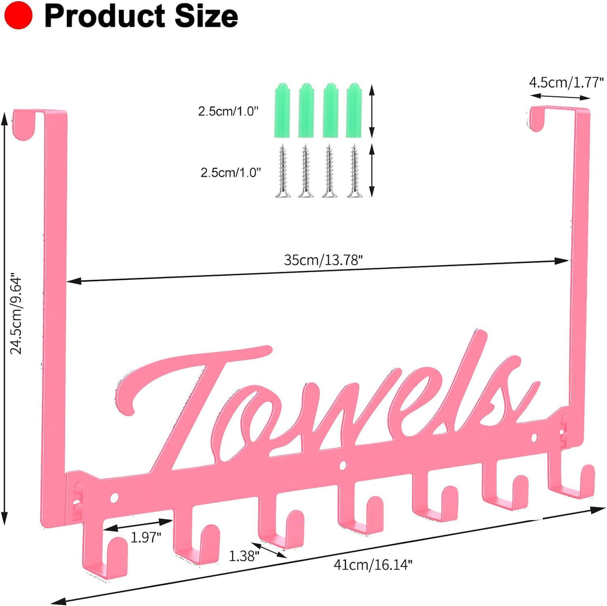 Over The Door Hooks, Towel Rack for Bathroom Towel Holder for Hanging Heavy Duty, Over Door Hanger with 7 Coat Hooks for Bedroom Bathroom Pool Kitchen, Bags(Pink)