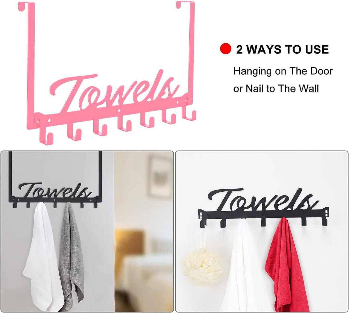 Over The Door Hooks, Towel Rack for Bathroom Towel Holder for Hanging Heavy Duty, Over Door Hanger with 7 Coat Hooks for Bedroom Bathroom Pool Kitchen, Bags(Pink)