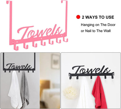 Over The Door Hooks, Towel Rack for Bathroom Towel Holder for Hanging Heavy Duty, Over Door Hanger with 7 Coat Hooks for Bedroom Bathroom Pool Kitchen, Bags(Pink)