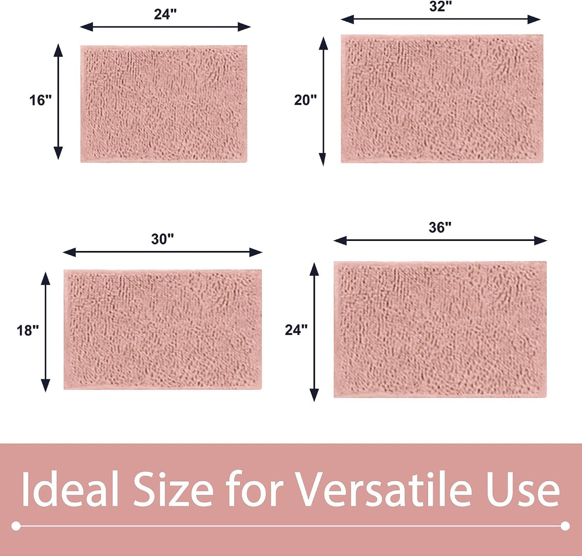 Chenille Bathroom Rugs Mats Carpet 36”x24”, Super Soft Absorbent Quick Dry,Non Slip Indoor Area Rug for Tub and Shower Entryway Lightweight Machine Washable for Bedroom,Kitchen,Garage, Pink