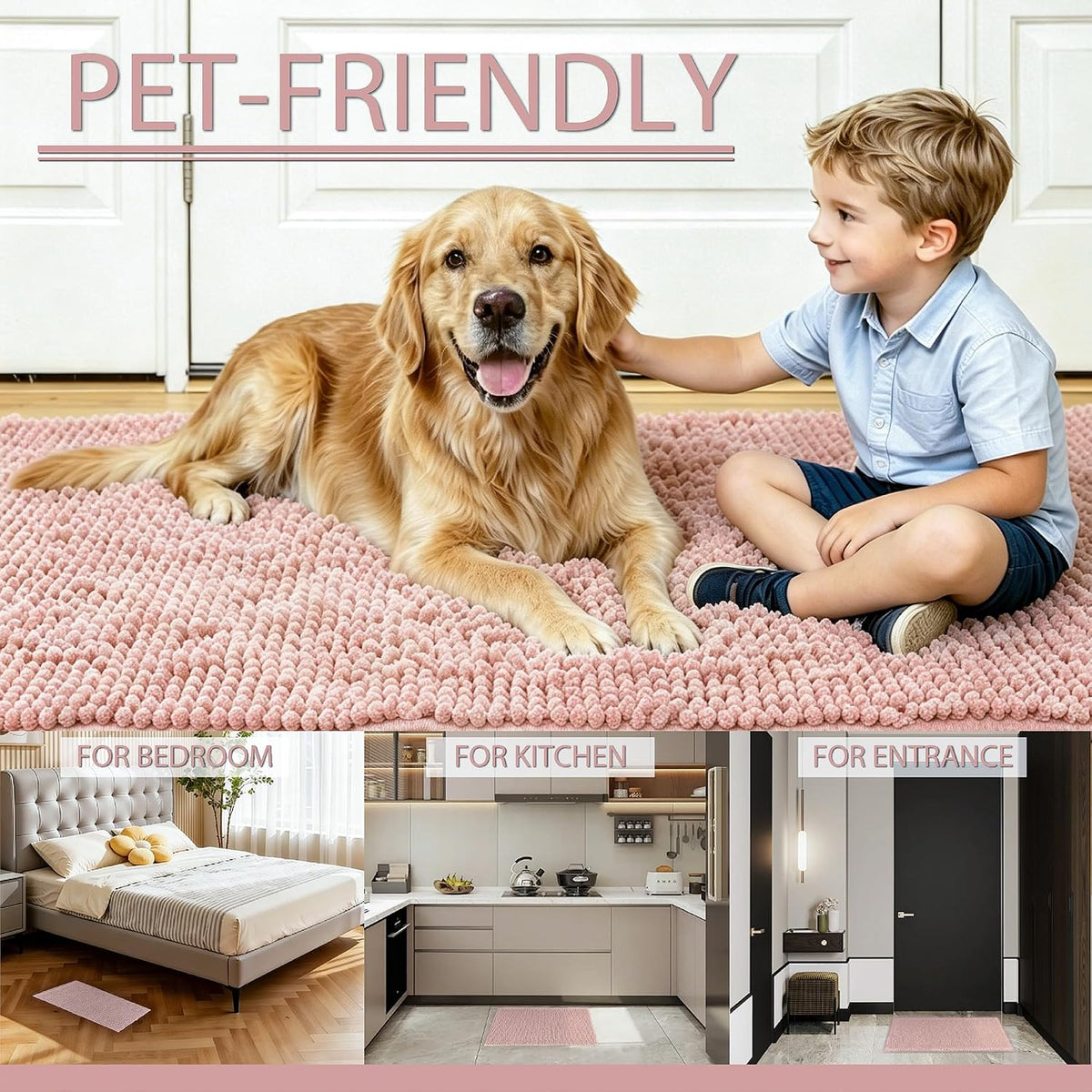 Chenille Bathroom Rugs Mats Carpet 36”x24”, Super Soft Absorbent Quick Dry,Non Slip Indoor Area Rug for Tub and Shower Entryway Lightweight Machine Washable for Bedroom,Kitchen,Garage, Pink
