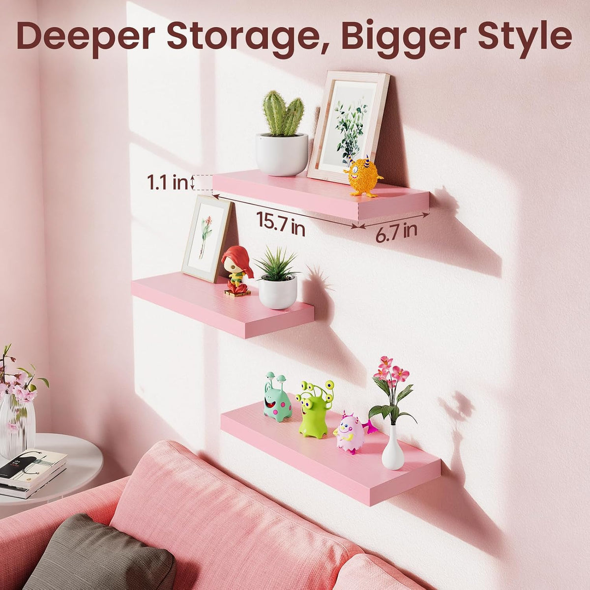 Pink Floating Shelves 15.7in, Set of 3, Wall Mounted for Wall Decor