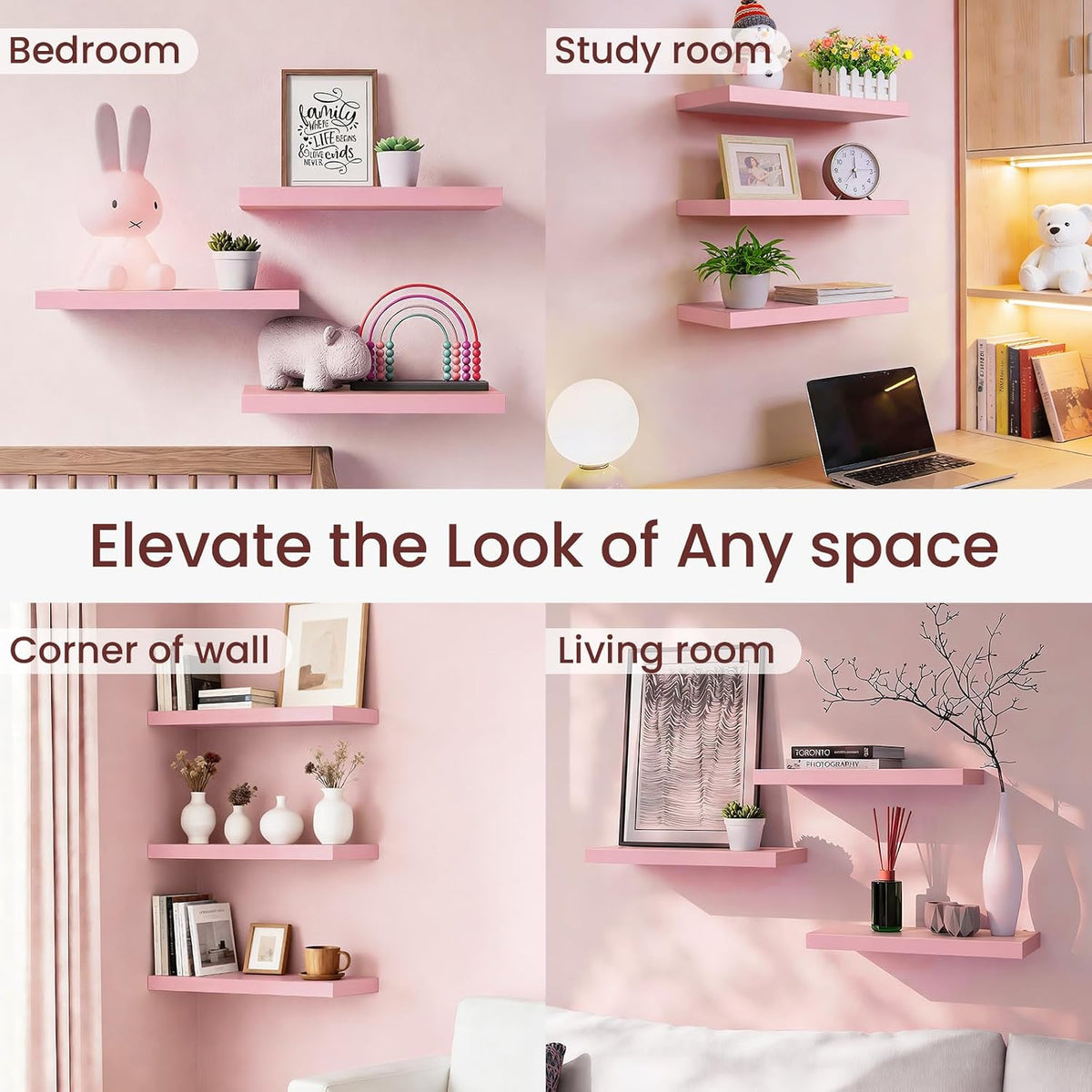 Pink Floating Shelves 15.7in, Set of 3, Wall Mounted for Wall Decor