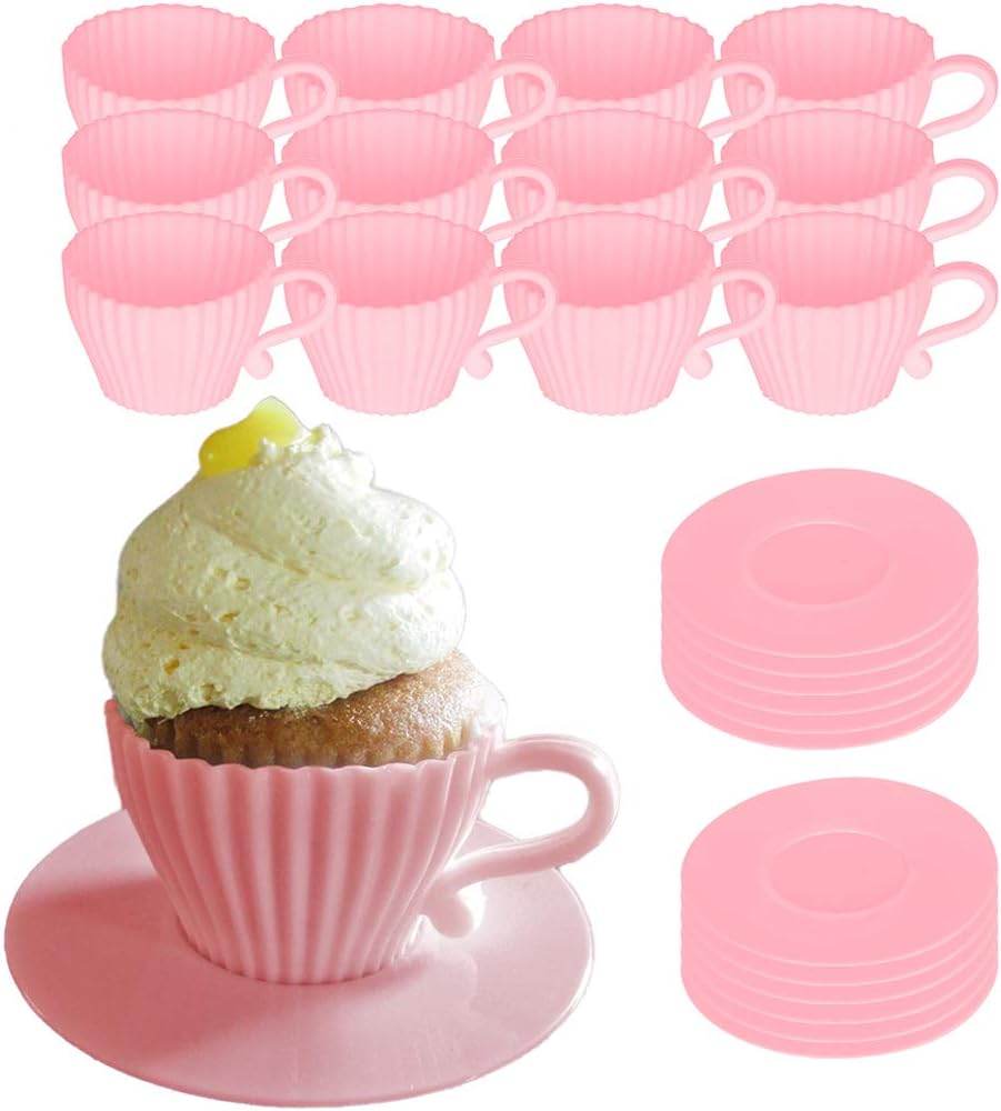 24-Piece Silicone Teacup Cupcake Molds, 12 Cups & Saucers, BPA-Free