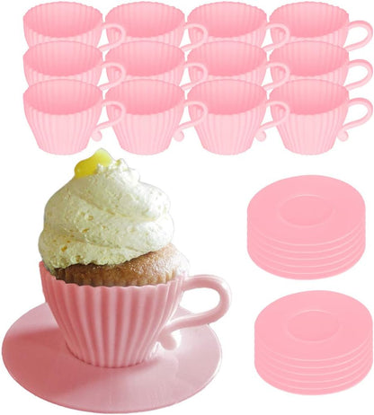 24-Piece Silicone Teacup Cupcake Molds, 12 Cups & Saucers, BPA-Free