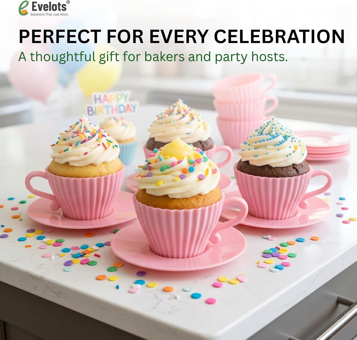 24-Piece Silicone Teacup Cupcake Molds, 12 Cups & Saucers, BPA-Free