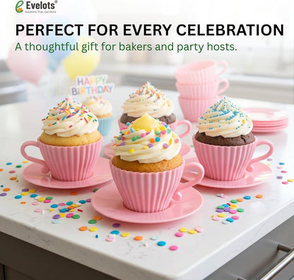 24-Piece Silicone Teacup Cupcake Molds, 12 Cups & Saucers, BPA-Free