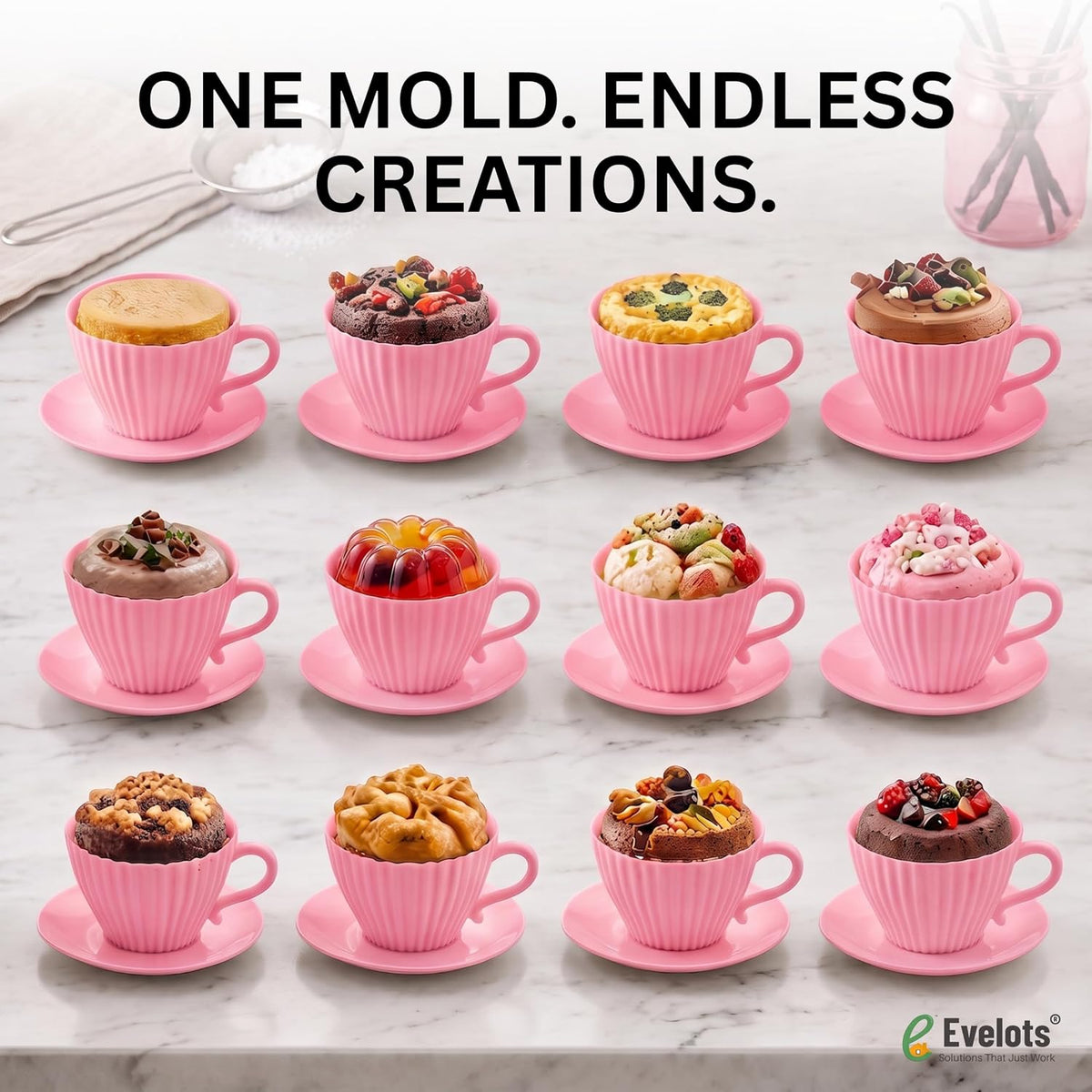 24-Piece Silicone Teacup Cupcake Molds, 12 Cups & Saucers, BPA-Free