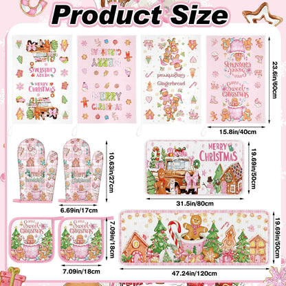10 Pcs Winter Oven Mitts Pot Holders Kitchen Rug and Towel Set Absorbent Towels for Baking Cooking BBQ Gifts Kitchen Decor(Pink,Gingerbread Man)