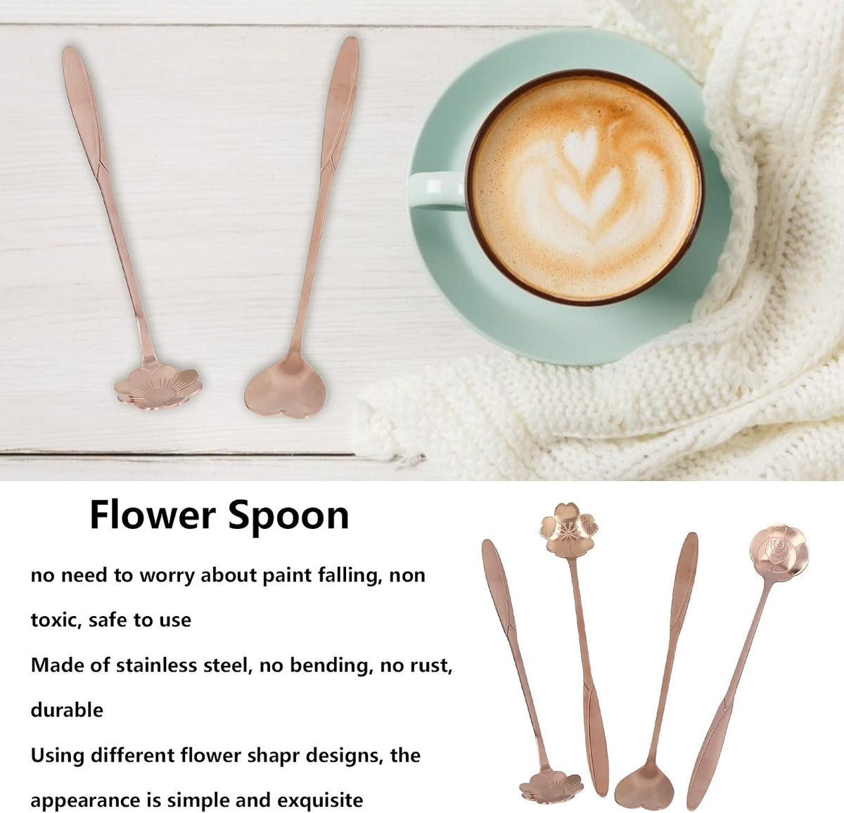 4PCS Mixing Spoon Flower Scoop Set Coffee Teaspoon Heart Shaped Coffee Spoon Reusable Tea Scoops Cake Spoon Set Drink Stirring Spoon for Tea Dessert Ice Cream Coffee (Pink Gold)
