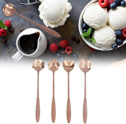 4PCS Mixing Spoon Flower Scoop Set Coffee Teaspoon Heart Shaped Coffee Spoon Reusable Tea Scoops Cake Spoon Set Drink Stirring Spoon for Tea Dessert Ice Cream Coffee (Pink Gold)
