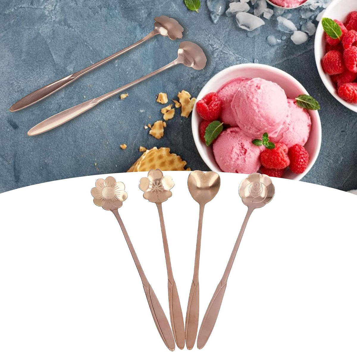 4PCS Mixing Spoon Flower Scoop Set Coffee Teaspoon Heart Shaped Coffee Spoon Reusable Tea Scoops Cake Spoon Set Drink Stirring Spoon for Tea Dessert Ice Cream Coffee (Pink Gold)