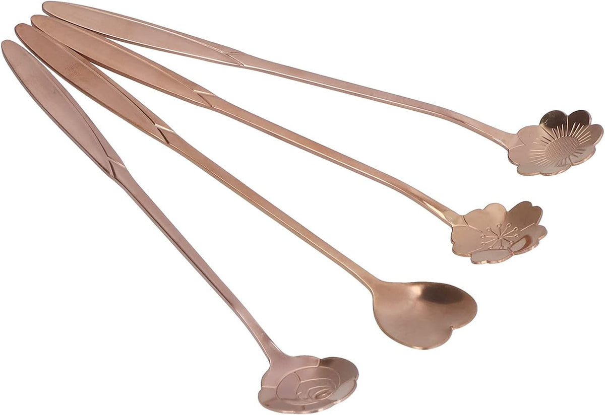 4PCS Mixing Spoon Flower Scoop Set Coffee Teaspoon Heart Shaped Coffee Spoon Reusable Tea Scoops Cake Spoon Set Drink Stirring Spoon for Tea Dessert Ice Cream Coffee (Pink Gold)