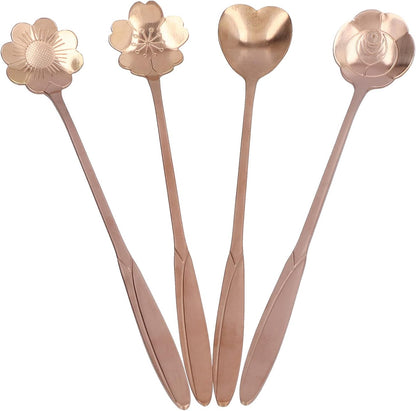 4PCS Mixing Spoon Flower Scoop Set Coffee Teaspoon Heart Shaped Coffee Spoon Reusable Tea Scoops Cake Spoon Set Drink Stirring Spoon for Tea Dessert Ice Cream Coffee (Pink Gold)