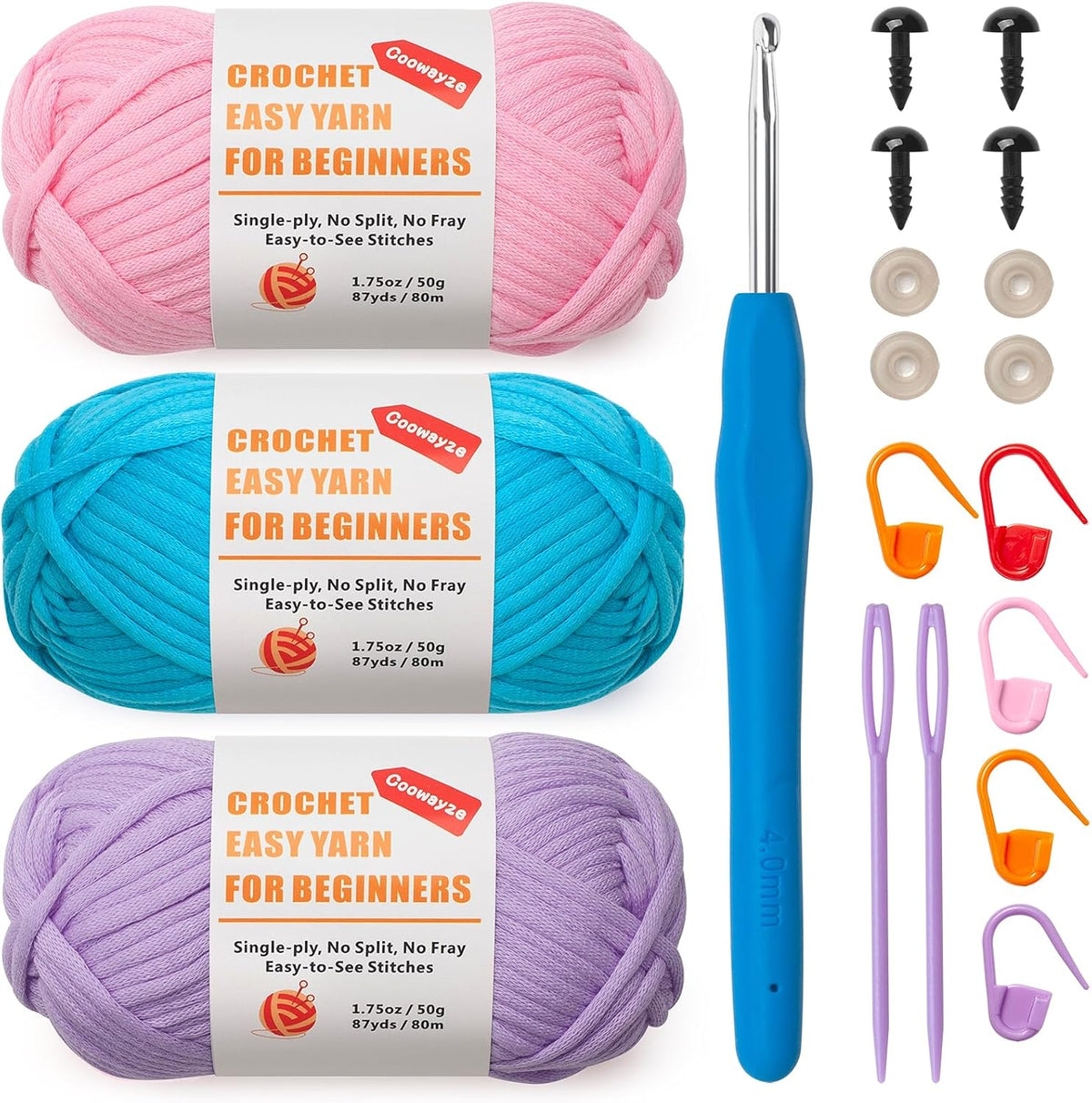 Crochet Yarn for Beginners, Cotton Yarn for Crocheting & Knitting, 3 Pack×1.8 oz Amigurumi Yarn with Easy-to-See Stitches-Thick and Soft, Worsted Medium # 4, Cotton-Nylon Blend