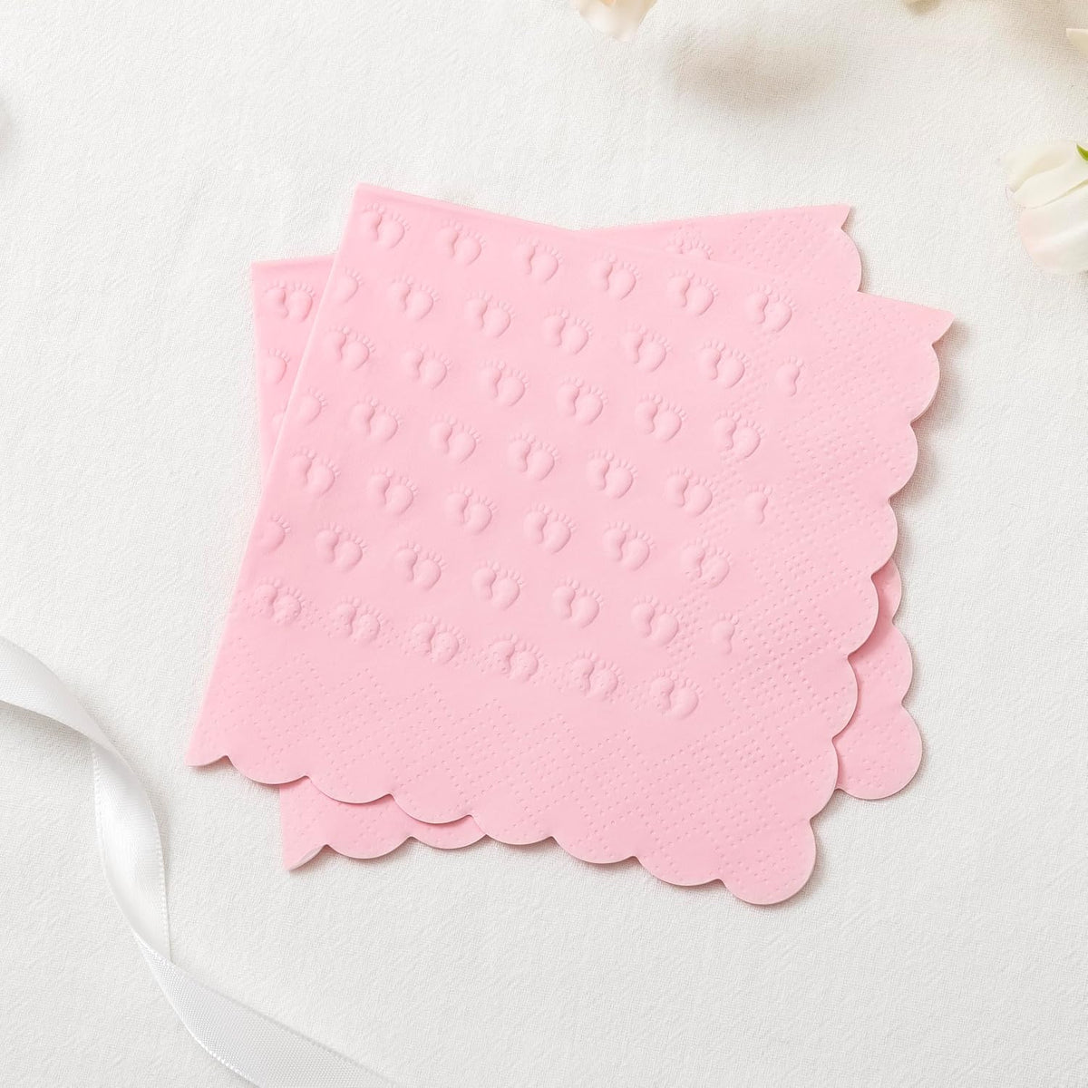 3-Ply Baby Shower Napkins for Girl, 50 Pack Embossed Footprints Pink Napkins for Girl Baby Shower Decorations, Disposable Paper Cocktail Napkin, and Not Easily Torn