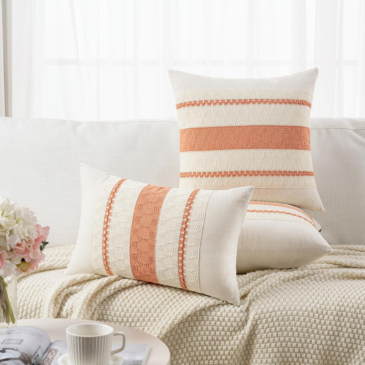 Set of 2 Boho Coral Decorative Throw Pillow Cover 18x18 Inch for Couch Bed Sofa, Aesthetic Modern Organic Farmhouse Home Decor, Soft Cotton Cute Accent Macrame Woven Cushion Case