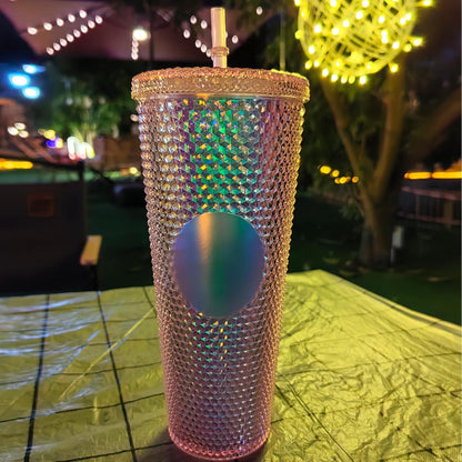 Studded Tumbler With Straw Tumblers With Lids And Straws Pink Tumbler With Straw Textured Cup BPA-Free Double-Wall Plastic Tumblers for Iced Coffee Cold Drinks or Water 24 Oz