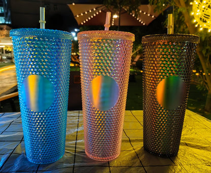 Studded Tumbler With Straw Tumblers With Lids And Straws Pink Tumbler With Straw Textured Cup BPA-Free Double-Wall Plastic Tumblers for Iced Coffee Cold Drinks or Water 24 Oz
