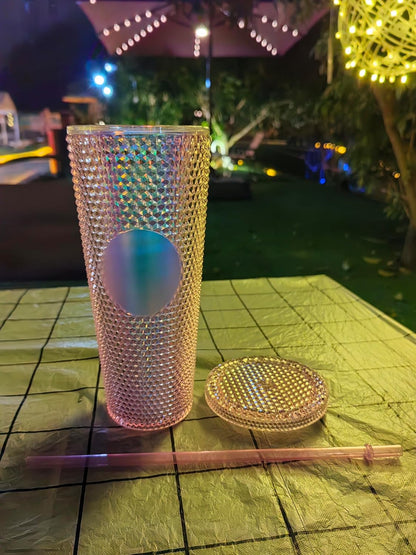 Studded Tumbler With Straw Tumblers With Lids And Straws Pink Tumbler With Straw Textured Cup BPA-Free Double-Wall Plastic Tumblers for Iced Coffee Cold Drinks or Water 24 Oz