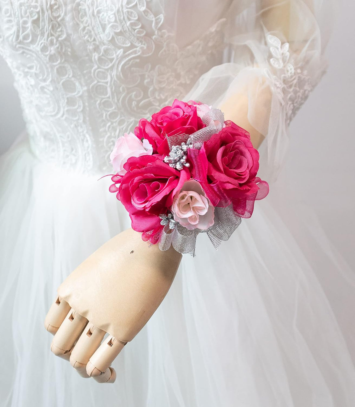 Hot Pink Rose Corsage Boutonniere Set Real Touch Flowers for Men and Women, Bride Bridesmaid Groom Fuchsia Wedding Flowers Accessories Prom Party Dinner Dance Anniversary (Fuchsia)