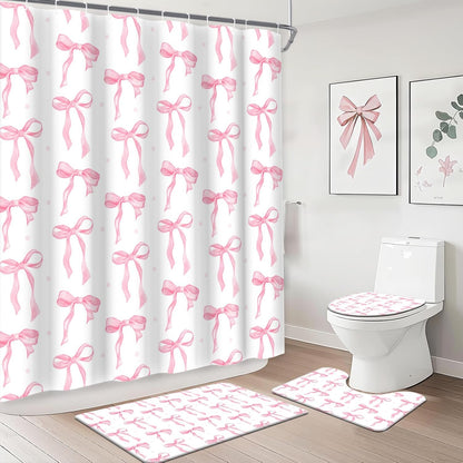 Pink Bow Shower Curtain Sets 4 Pcs for Girls Coquette Bow Bath Curtain Set with Shower Curtain,Non-Slip Rug,Toilet Lid Cover, Bath Mat and 12 Hooks Pretty Modern Aesthetic Bathroom Decor