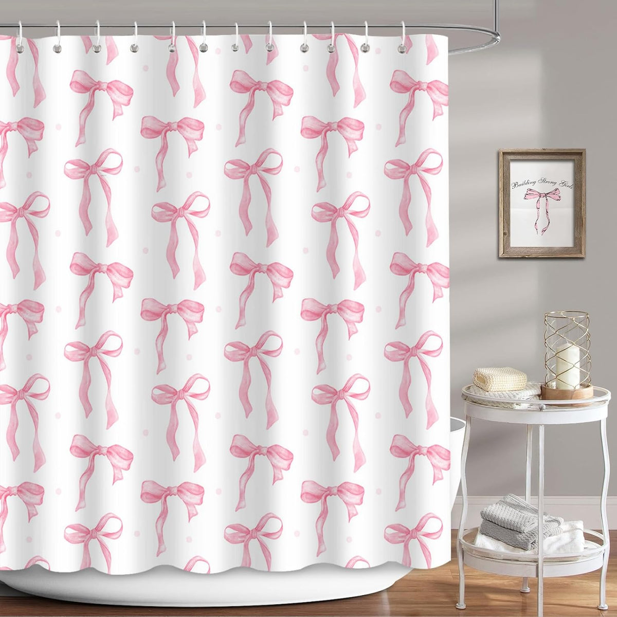 Pink Bow Shower Curtain Sets 4 Pcs for Girls Coquette Bow Bath Curtain Set with Shower Curtain,Non-Slip Rug,Toilet Lid Cover, Bath Mat and 12 Hooks Pretty Modern Aesthetic Bathroom Decor