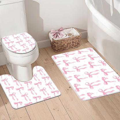 Pink Bow Shower Curtain Sets 4 Pcs for Girls Coquette Bow Bath Curtain Set with Shower Curtain,Non-Slip Rug,Toilet Lid Cover, Bath Mat and 12 Hooks Pretty Modern Aesthetic Bathroom Decor