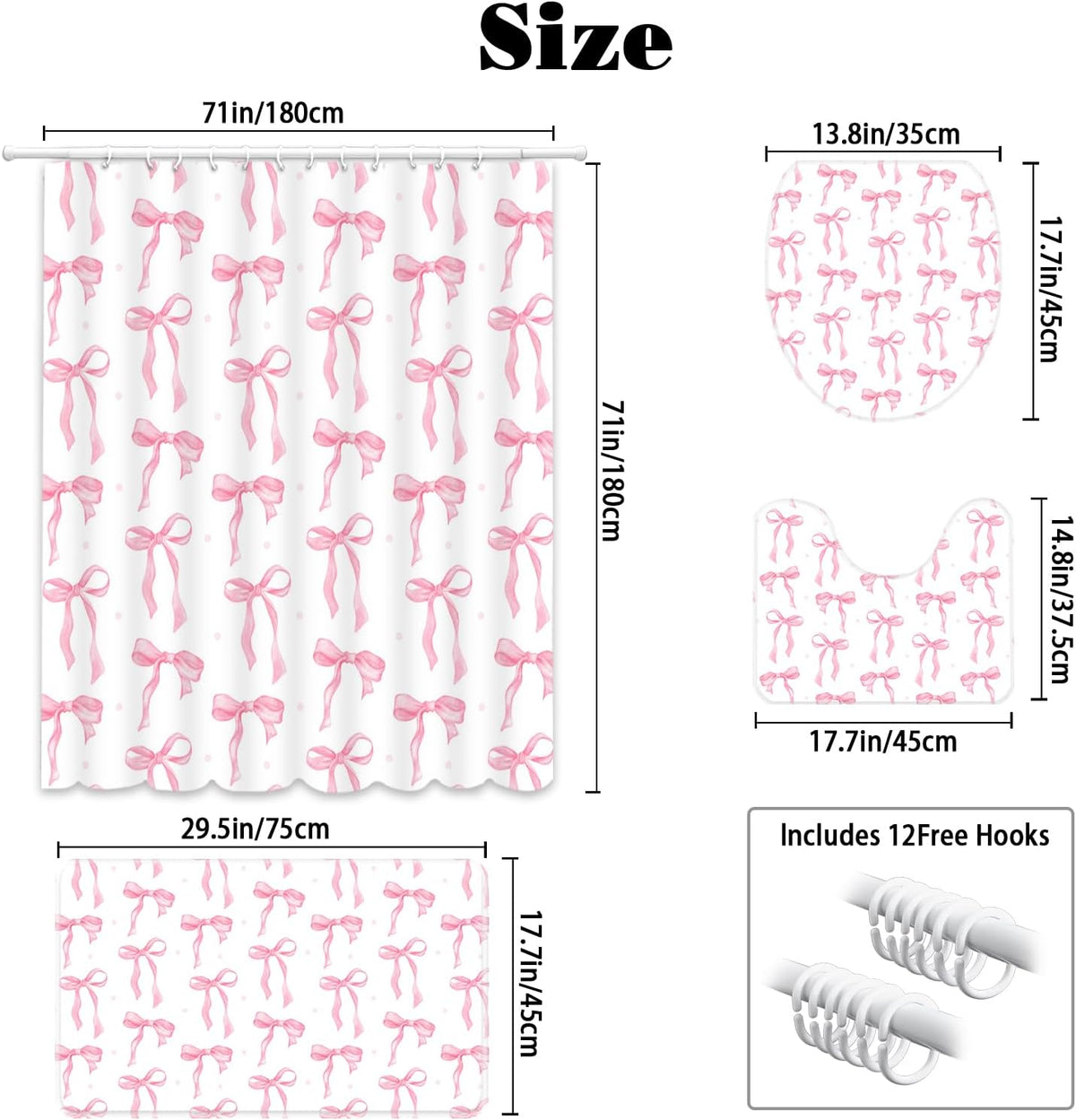 Pink Bow Shower Curtain Sets 4 Pcs for Girls Coquette Bow Bath Curtain Set with Shower Curtain,Non-Slip Rug,Toilet Lid Cover, Bath Mat and 12 Hooks Pretty Modern Aesthetic Bathroom Decor