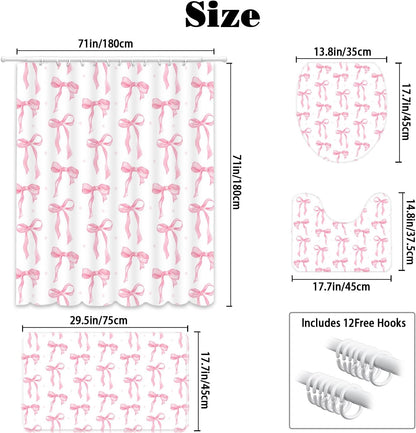 Pink Bow Shower Curtain Sets 4 Pcs for Girls Coquette Bow Bath Curtain Set with Shower Curtain,Non-Slip Rug,Toilet Lid Cover, Bath Mat and 12 Hooks Pretty Modern Aesthetic Bathroom Decor