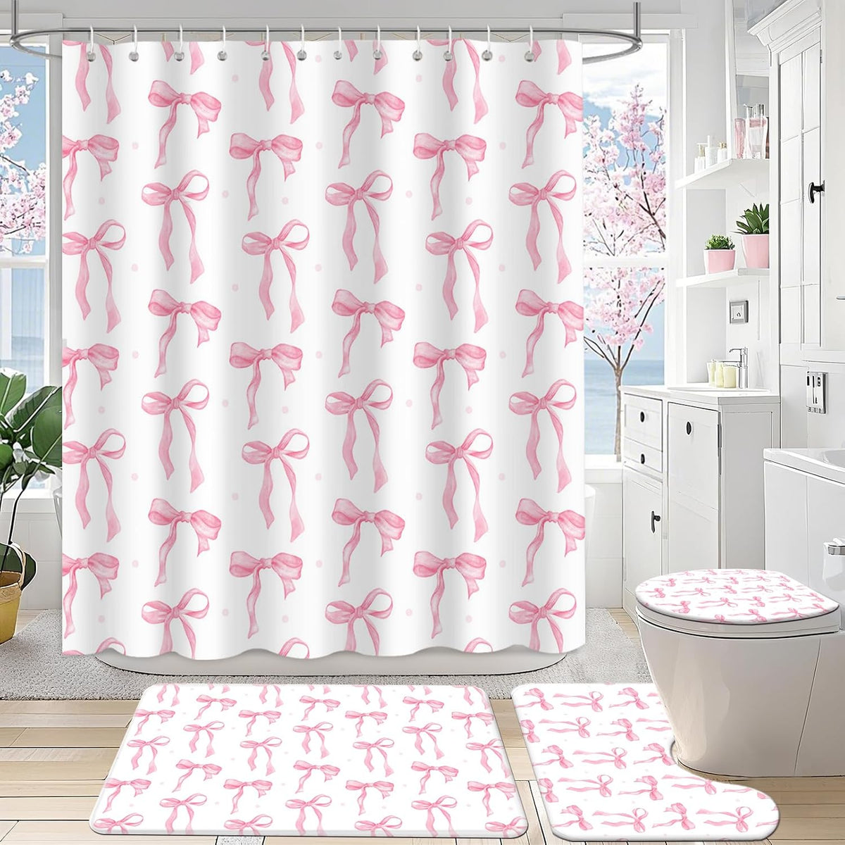 Pink Bow Shower Curtain Sets 4 Pcs for Girls Coquette Bow Bath Curtain Set with Shower Curtain,Non-Slip Rug,Toilet Lid Cover, Bath Mat and 12 Hooks Pretty Modern Aesthetic Bathroom Decor