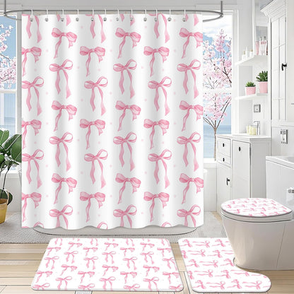 Pink Bow Shower Curtain Sets 4 Pcs for Girls Coquette Bow Bath Curtain Set with Shower Curtain,Non-Slip Rug,Toilet Lid Cover, Bath Mat and 12 Hooks Pretty Modern Aesthetic Bathroom Decor