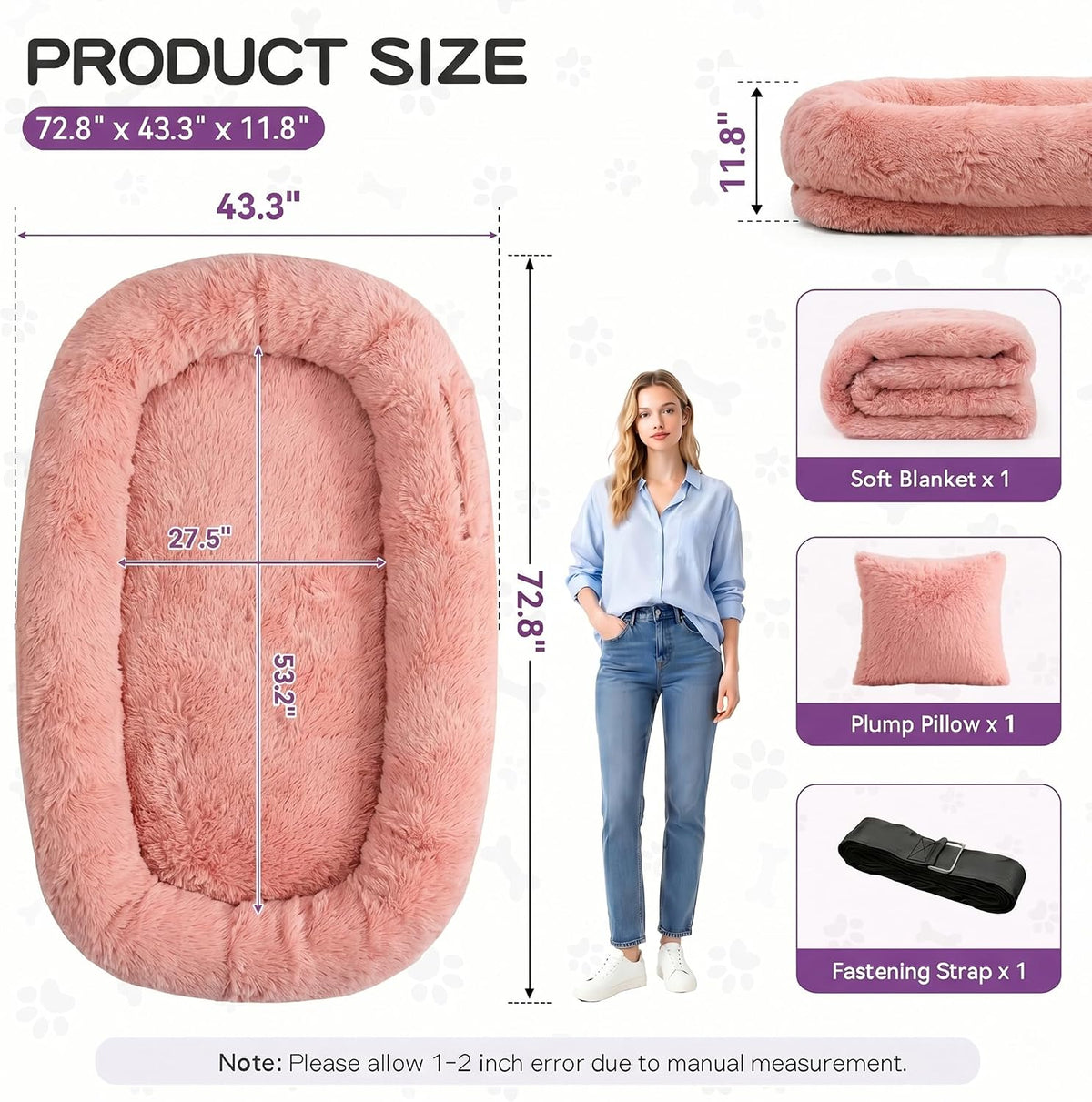 Human Dog Bed with Pillow & Blanket - 71 × 45 × 12 Inch