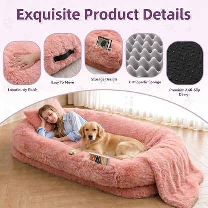 Human Dog Bed with Pillow & Blanket - 71 × 45 × 12 Inch