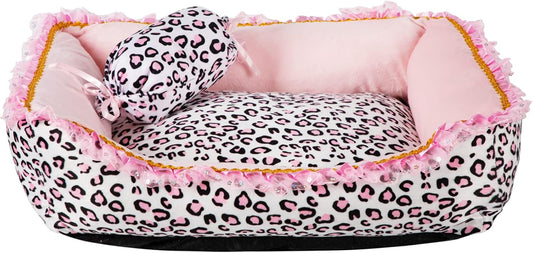 Dog Bed for Small Dogs - Cute Pink Leopard Dog Bed,Cat Beds for Indoor Cats Washable - Square Shape Cat Dog Sofa Bed Pet House Nest Cave(L, 22.0" L x 17.0" W x 6.0" Th