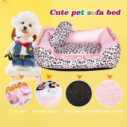 Dog Bed for Small Dogs - Cute Pink Leopard Dog Bed,Cat Beds for Indoor Cats Washable - Square Shape Cat Dog Sofa Bed Pet House Nest Cave(L, 22.0" L x 17.0" W x 6.0" Th