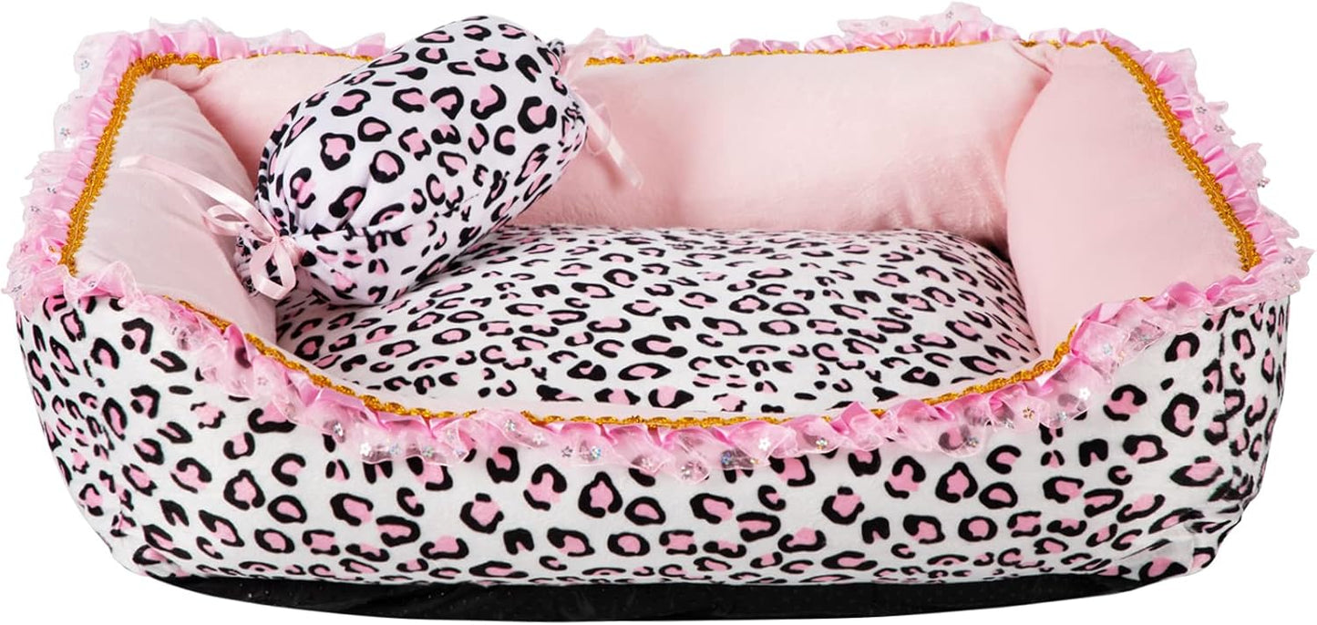 Dog Bed for Small Dogs - Cute Pink Leopard Dog Bed,Cat Beds for Indoor Cats Washable - Square Shape Cat Dog Sofa Bed Pet House Nest Cave(L, 22.0" L x 17.0" W x 6.0" Th