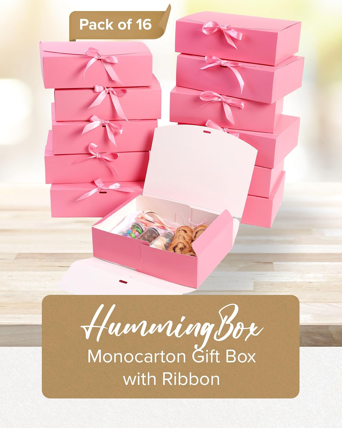 Pink Gift Box Set of 16 - Gift Boxes for Presents & gifting on weddings, birthdays & more - Easy to Assemble Pink Gift Boxes With Lids & Ribbon Closure - Decorative Boxes With Lids