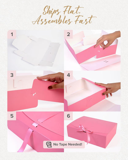 Pink Gift Box Set of 16 - Gift Boxes for Presents & gifting on weddings, birthdays & more - Easy to Assemble Pink Gift Boxes With Lids & Ribbon Closure - Decorative Boxes With Lids