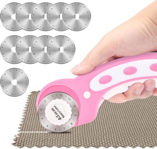 45mm Rotary Cutter for Fabric with 10pcs Replacement Blade, Ergonomic Handle Rolling Cutter with Safety Lock for Fabric, Leather, Paper, Crafting, Sewing, Quilting (COLOR:Pink)
