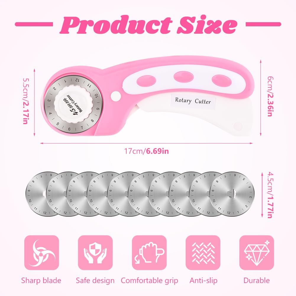 45mm Rotary Cutter for Fabric with 10pcs Replacement Blade, Ergonomic Handle Rolling Cutter with Safety Lock for Fabric, Leather, Paper, Crafting, Sewing, Quilting (COLOR:Pink)