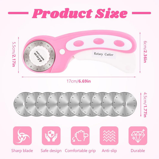 45mm Rotary Cutter for Fabric with 10pcs Replacement Blade, Ergonomic Handle Rolling Cutter with Safety Lock for Fabric, Leather, Paper, Crafting, Sewing, Quilting (COLOR:Pink)