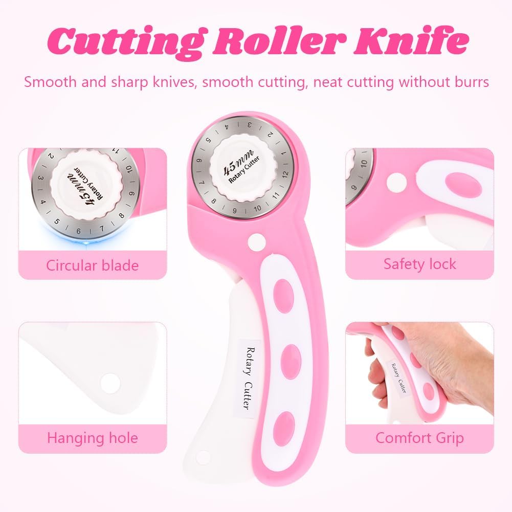 45mm Rotary Cutter for Fabric with 10pcs Replacement Blade, Ergonomic Handle Rolling Cutter with Safety Lock for Fabric, Leather, Paper, Crafting, Sewing, Quilting (COLOR:Pink)