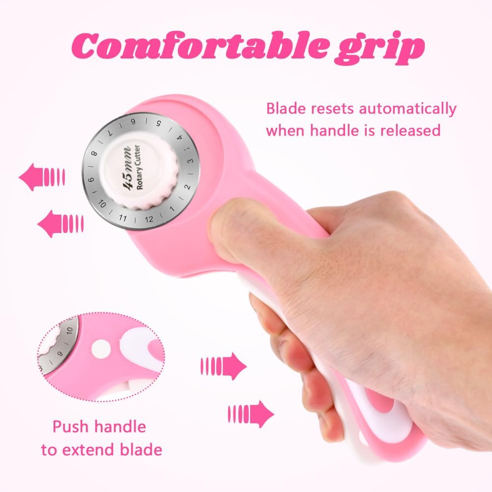45mm Rotary Cutter for Fabric with 10pcs Replacement Blade, Ergonomic Handle Rolling Cutter with Safety Lock for Fabric, Leather, Paper, Crafting, Sewing, Quilting (COLOR:Pink)