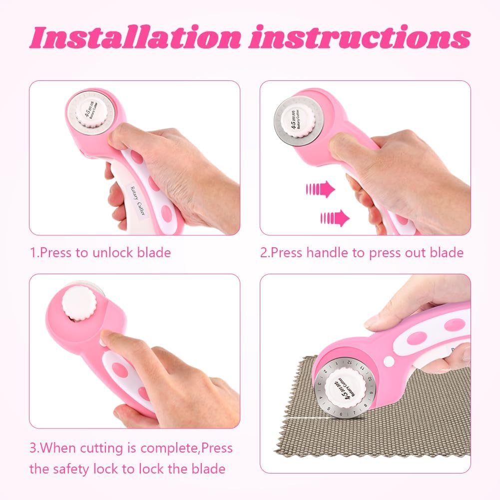 45mm Rotary Cutter for Fabric with 10pcs Replacement Blade, Ergonomic Handle Rolling Cutter with Safety Lock for Fabric, Leather, Paper, Crafting, Sewing, Quilting (COLOR:Pink)
