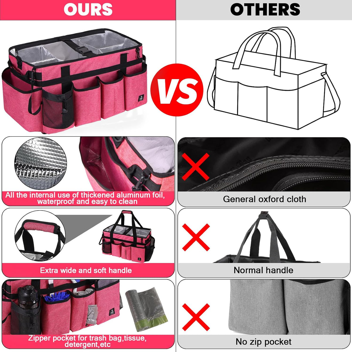 Extra large Cleaning Caddy Bag Built-in hard plastic Aluminum foil lining