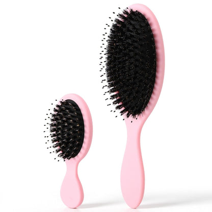 2 Pcs Pink Boar Bristle Hair Brush Set Full-size Travel Size